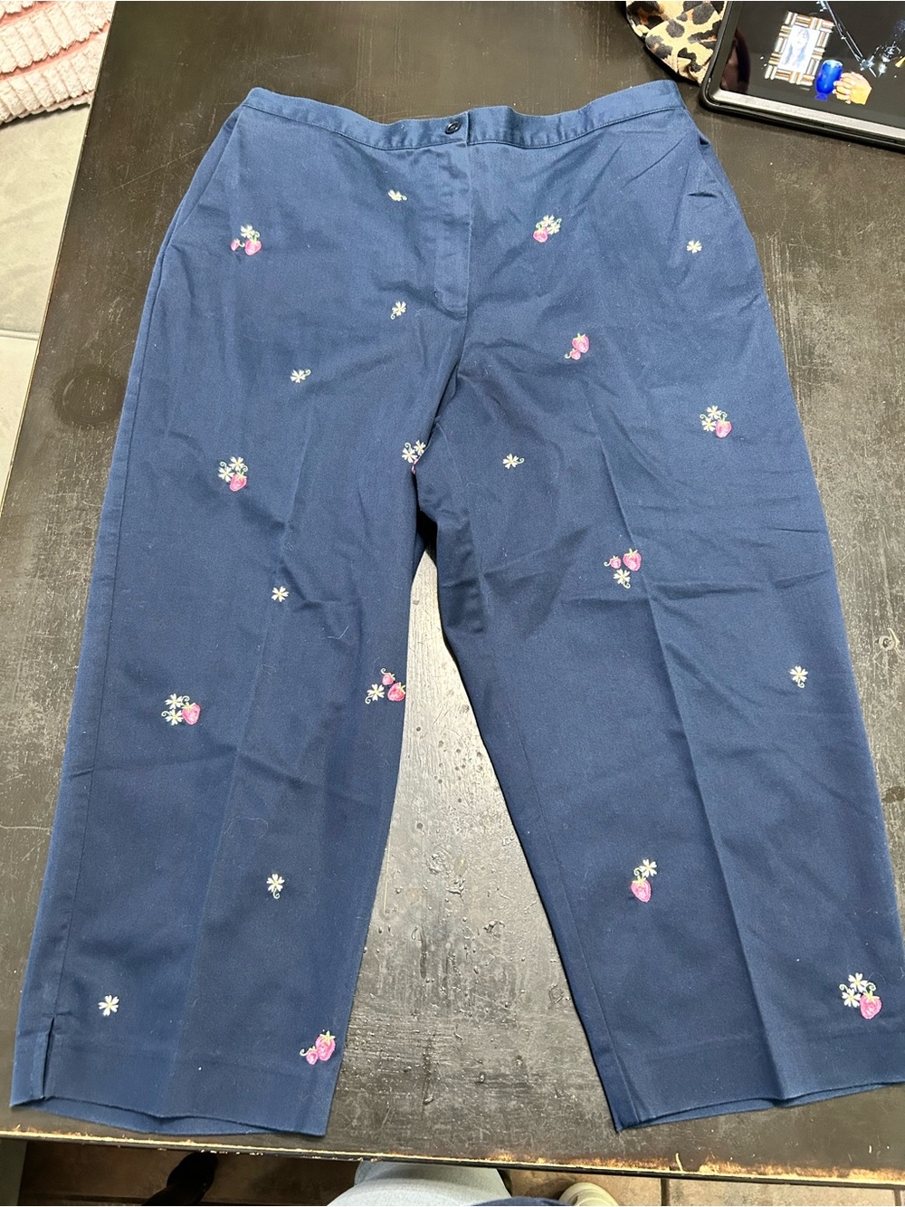 Alfred Dunner Navy Chinos with Pink & White Floral Embroidery